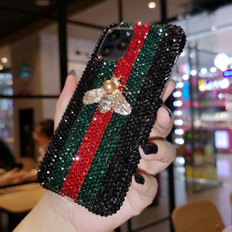 Bling Crystals Stripe Pattern Bee Phone Case, Glitter Gems Phone Cover, Sparkle Phone Accessories, Rhinestones Soft Case for Mobile Phone 