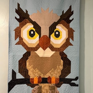 Könnte beinhalten: Eine braune und beige Eule mit gelben Augen sitzt auf einem Ast. Die Eule ist aus Stoff gefertigt und gesteppt. Der Hintergrund ist hellblau.