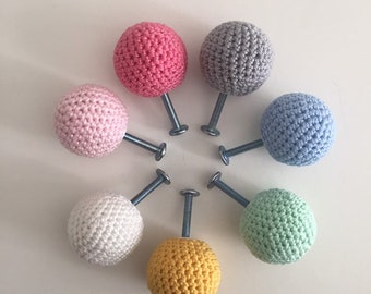 Crochet handles, pulls, knobs for drawers or cabinets, nursery decor, room decor, colored furniture, handmade furniture, cabinet hardware