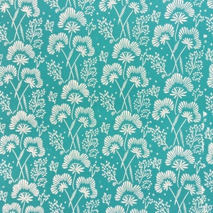 May include: A teal blue background with a white floral pattern. The pattern features stylized flowers with multiple petals and small leaves.