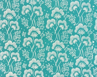 May include: A teal blue background with a white floral pattern. The pattern features stylized flowers with multiple petals and small leaves.