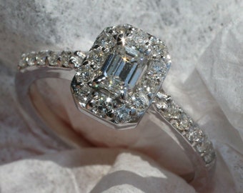 GIA Certified Emerald Cut Diamond Engagement Ring | E-SI2 Clarity with Micro Pave Halo | 14K White Gold (EJ-123)