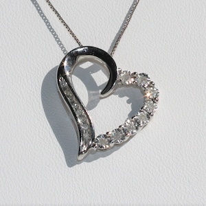 Open Heart Tilted Diamond Pendant Necklace, 0.20 CT, 10K White Gold, Elegant Heart Necklace, Gift for Her (EJ-96)
