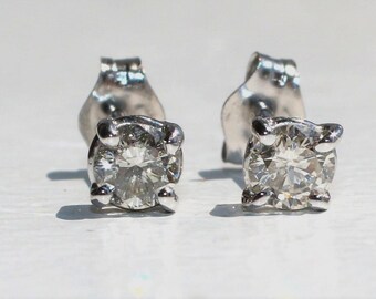 14K White Gold Real Natural Round Diamond Stud Earrings, Push Back Setting, Classic & Elegant (EJ-118)