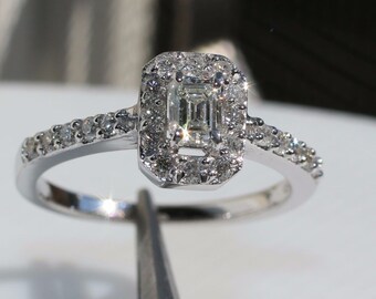 GIA Certified F-VVS2 Emerald Cut Diamond Halo Engagement Ring, 14K White Gold, Luxury Bridal Ring, Sparkling Diamond Band (EJ-93)