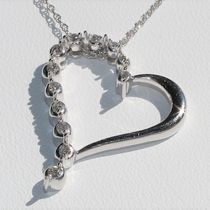 10K White Gold Open Heart Diamond Pendant Necklace – Tilted Design, Elegant Jewelry Gift for Women (EJ-77)