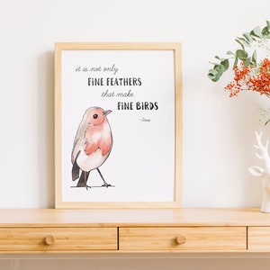 Printable wall art, A4 art print, PDF download, Watercolor Robin, &quot;Fine Feathers&quot;