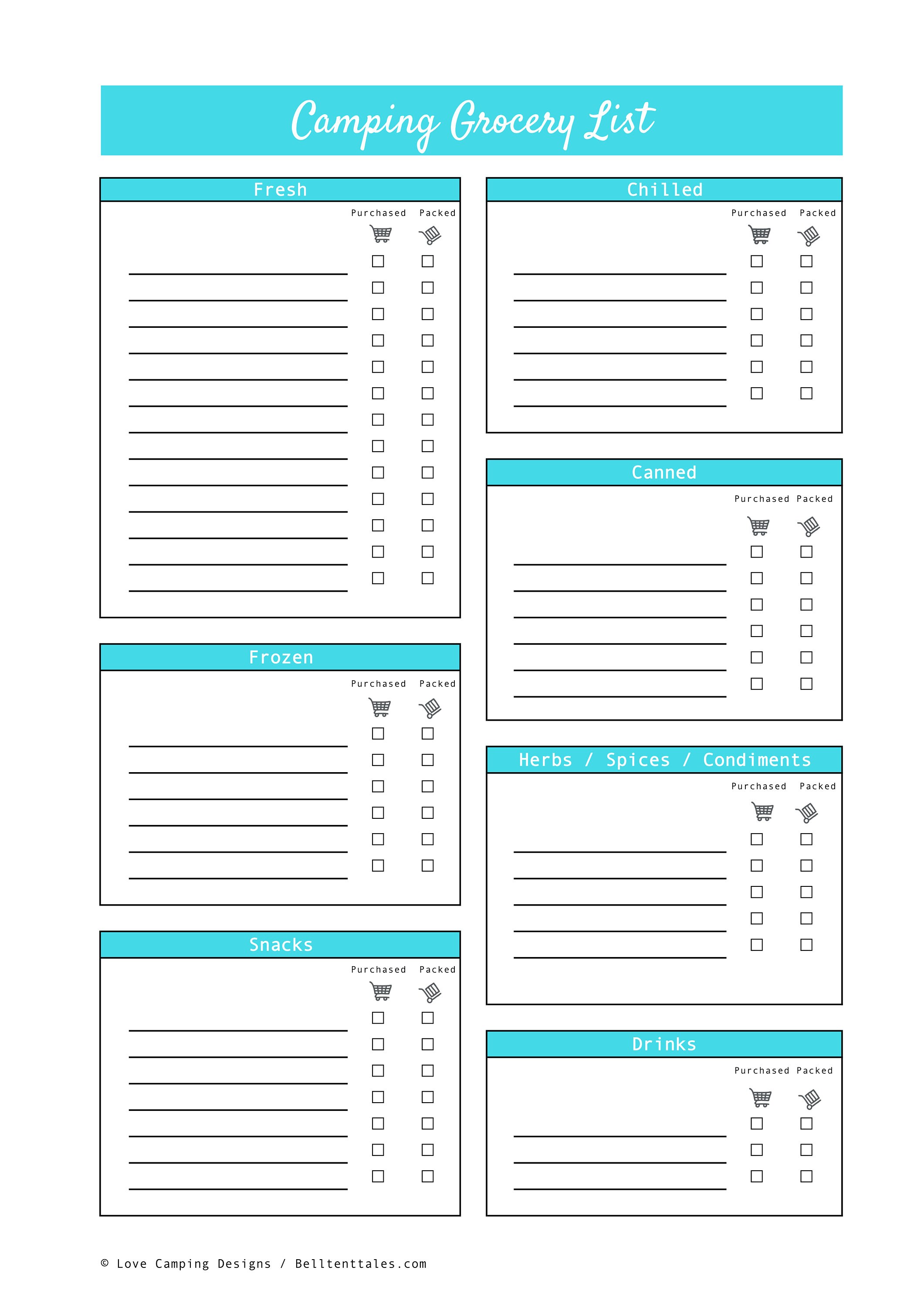 camping meal plan and grocery list printable 2 page pdf for etsy