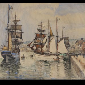 May include: A watercolor painting depicting a harbor scene with three sailboats docked at a pier. The boats are a mix of white, brown, and blue, with their sails billowing in the wind. The scene is set against a backdrop of a quaint town with buildings lining the waterfront.
