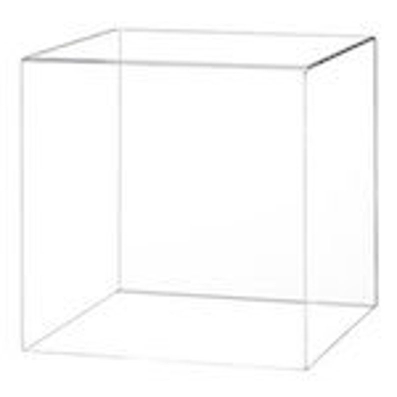 Op de afbeelding: Transparante acryl kubus display case met een vierkante basis en een vierkante bovenkant.