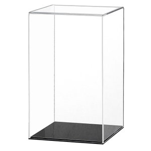 May include: A clear acrylic display case with a black base. The case is empty and has a square shape.