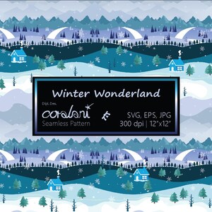 Könnte beinhalten: Ein nahtloses Winterwunderland-Muster mit einer verschneiten Landschaft mit blauen Häusern, immergrünen Bäumen und Bergen. Das Design enthält Schneeflocken und den Text "Winter Wonderland". Das Muster ist 30.48cm x 30.48cm groß.