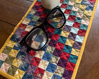 Boho Quilted Patchwork Mat | Jewel Tone Fabric Textile Decor, Mug Rug