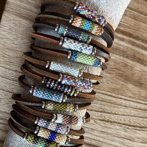 Unisex Bracelet, Peyote Stitch, Valentines Gift, Leather Bracelet, Gift, One of A Kind image 3