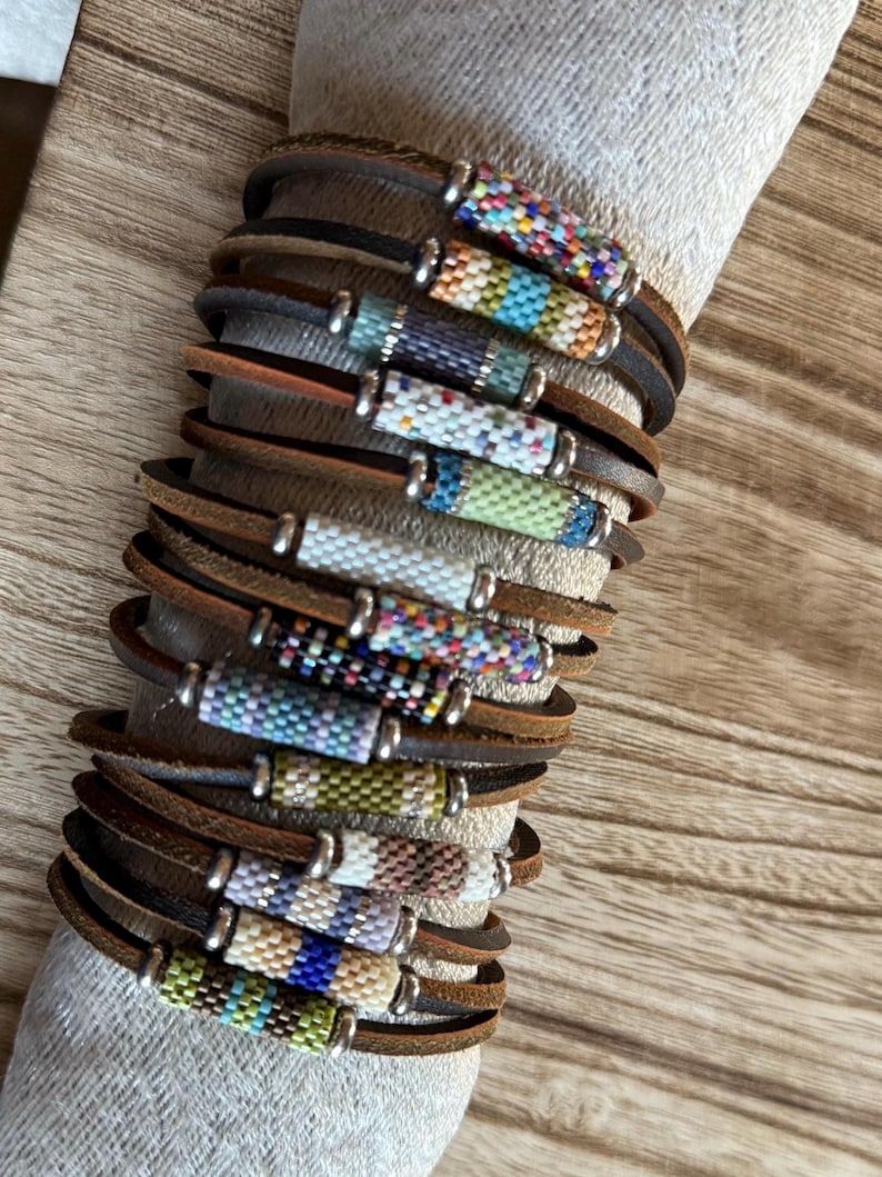 Unisex Bracelet, Peyote Stitch, Valentines Gift, Leather Bracelet, Gift, One of A Kind image 3