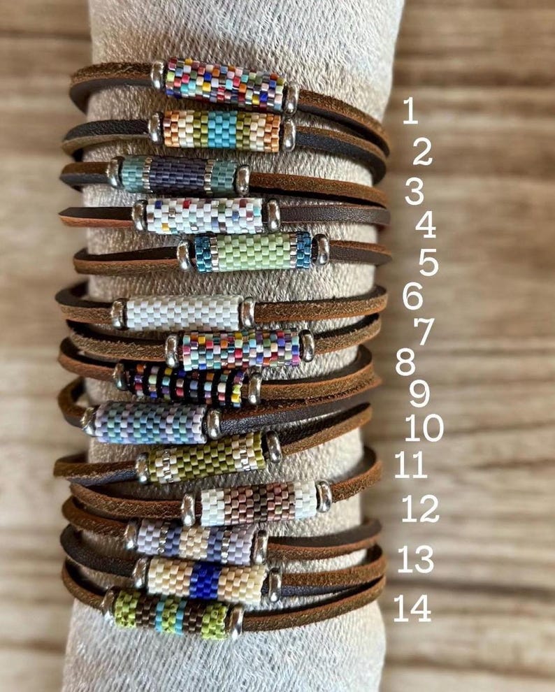 Unisex Bracelet, Peyote Stitch, Valentines Gift, Leather Bracelet, Gift, One of A Kind image 1
