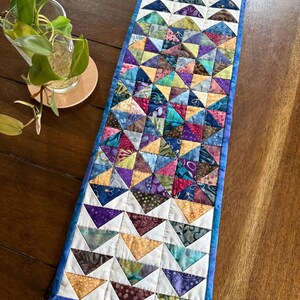 May include: A handmade, rectangular table runner with a patchwork design. The runner features a repeating pattern of colorful triangles in shades of blue, purple, green, and gold, bordered by a blue edge. The runner is approximately 12 inches wide and 36 inches long.