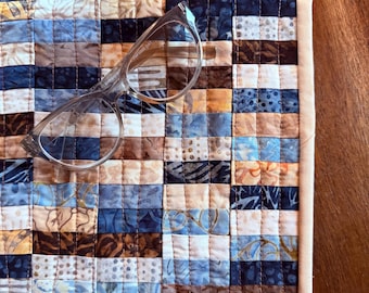 Handmade Patchwork Quilted Table Runner | Blue & Neutral Mini Quilt | Boho Farmhouse Accent