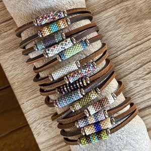 Unisex Bracelet, Peyote Stitch, Valentines Gift, Leather Bracelet, Gift, One of A Kind image 2