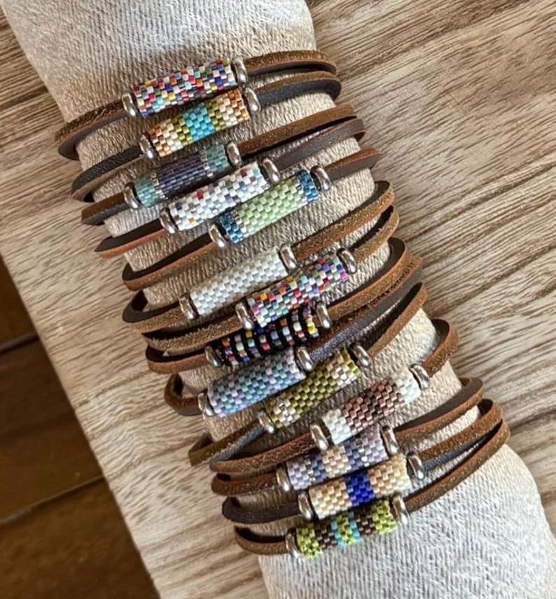 Unisex Bracelet, Peyote Stitch, Valentines Gift, Leather Bracelet, Gift, One of A Kind image 2