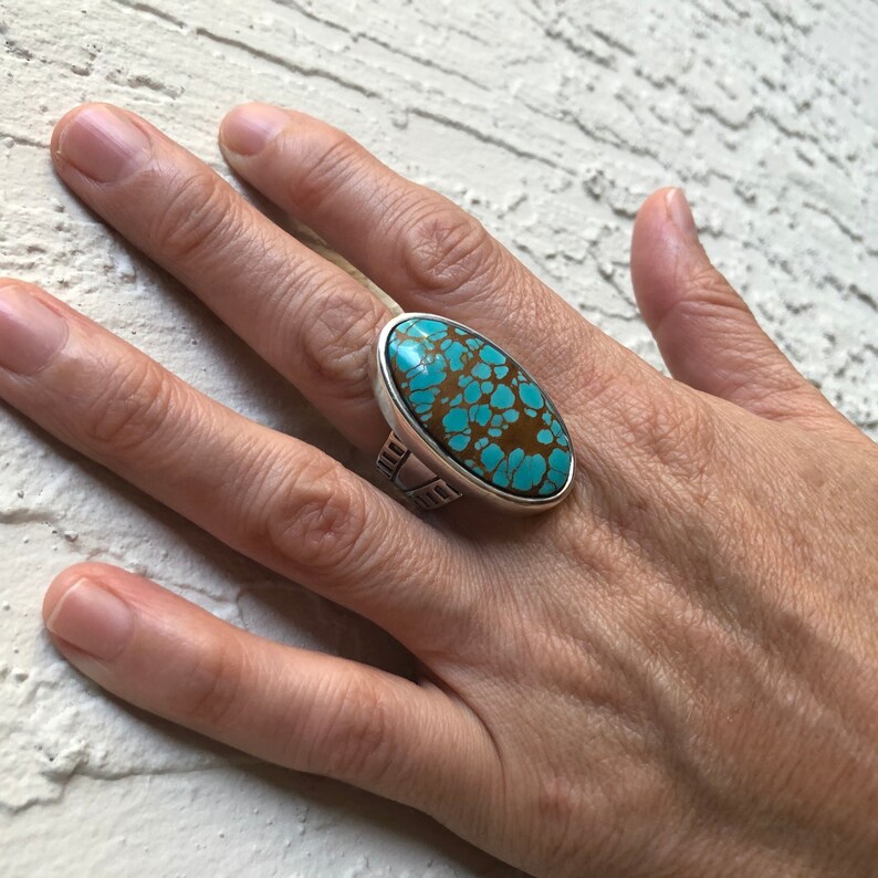 Large Pilot Mountain Cabochon and Sterling Silver Handmade Size 8 12 8.5 Turquoise Ring