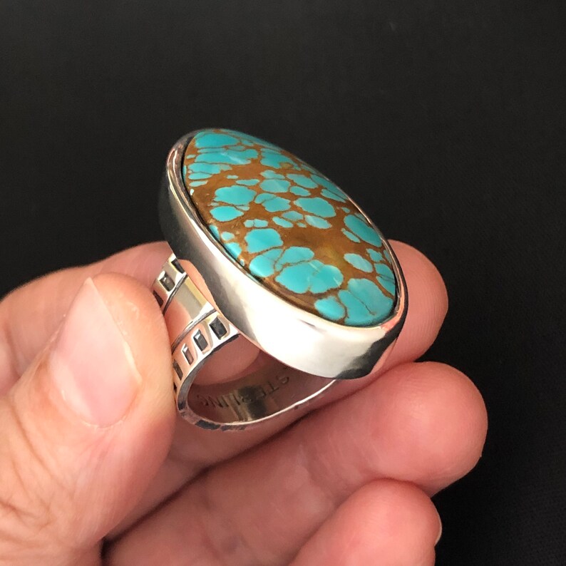 Large Pilot Mountain Cabochon and Sterling Silver Handmade Size 8 12 8.5 Turquoise Ring