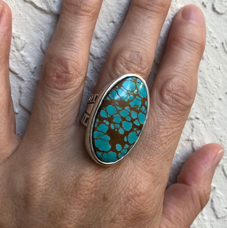 Large Pilot Mountain Cabochon and Sterling Silver Handmade Size 8 12 8.5 Turquoise Ring