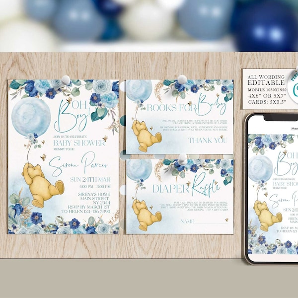 Oh boy Winnie the Pooh baby shower invitation, Winnie the Pooh invite, evite, carte de remerciement, livres pour bébé, tombola de couches Modifiable Corjl