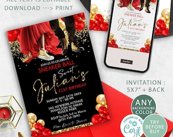 Sneaker Ball Invitation Red Black Gold Birthday party invite, DIY Birthday invites, ball glitter Download Corjl Editable
