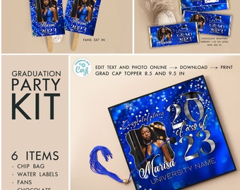Blue Graduation Party Favor Bundle | 6 Editable Templates | Banners, Chip Bag, Water bottle, Candy Wrapper, Fan, Cap - Corjl Templates