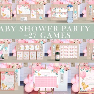 Winnie the Pooh Girl Baby Shower Bundle, Invitations, Games (Editable Corjl)