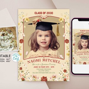 Editable Kindergarten Graduation Invitation with photo In Bloom Flowers Preschool Pre K Graduation Girl Ceremony Invite download Corjl