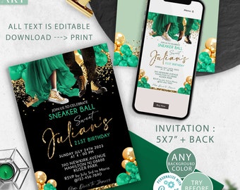 Invitación de fiesta de cumpleaños con diseño de pelota de tenis en verde esmeralda y dorado, invitaciones de cumpleaños DIY, bola de purpurina Descargar Corjl