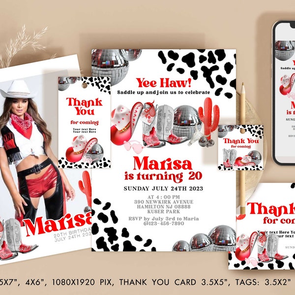 Editable Space Cowgirl birthday invitation Red Disco Rodeo party invites, thank you cards, Western evite digital download template Corjl