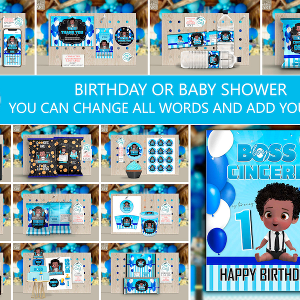 Editable African American Boss Boy baby party decorations Royal Blue Black Boy Birthday party supply favors Digital Download Printable CORJL