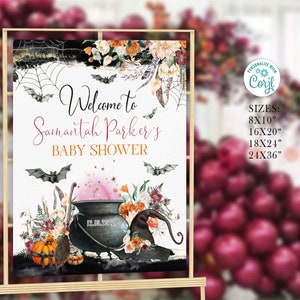 A Baby is Brewing Halloween baby shower sign, Welcome sign party decoration digital download Editable Corjl