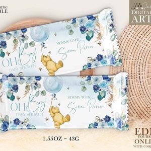 Classic Winnie the Pooh baby shower favors Candy bar wrapper blue baby shower decor boy party decorations Editable Corjl