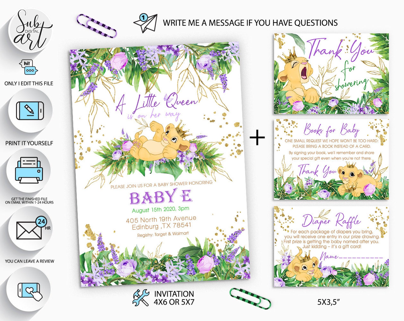 Nala Lion king baby shower invitations Purple theme Thank you Etsy