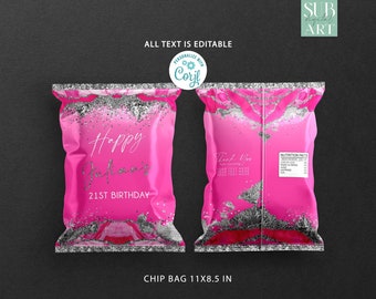 Bolsa de papas fritas con purpurina rosa intenso, decoración para fiesta de cumpleaños (descarga digital)