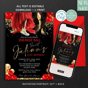 May include: Black and gold invitation for a Sneaker Ball 21st birthday. The design features gold text, red balloons, and an image of people wearing sneakers. A smartphone displays the invitation. The invitation is 5x7 inches.
