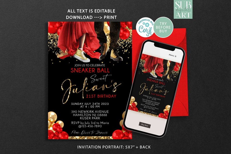 May include: Black and gold invitation for a Sneaker Ball 21st birthday. The design features gold text, red balloons, and an image of people wearing sneakers. A smartphone displays the invitation. The invitation is 5x7 inches.