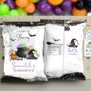 A Baby is Brewing Halloween Gender Reveal Chip bag wrapper, Lime Green and Purple party decorations for halloween kids Editable Corjl