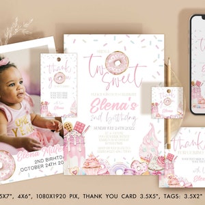 Editable Two Sweet birthday invite 2nd birthday donut party invitation Boho Minimalist Neutral evite ANY AGE Download  Corjl