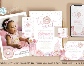 Two Sweet Donut Birthday Invitation, Boho Minimalist 2nd Birthday (, Digital Download)