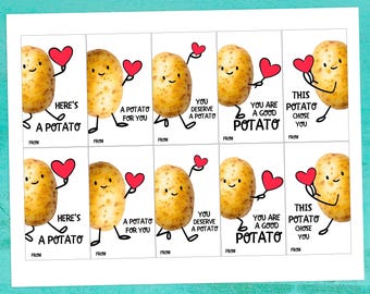 May include: A sheet of white cards with cartoon potatoes holding red hearts. Each potato has a smiling face and a different message, including "Here's a potato," and "You deserve a potato."