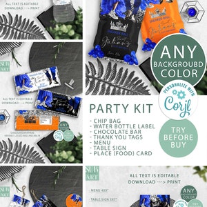 Blue and Silver Sneaker Ball Birthday party Bundle DIY Birthday Menu, Thank You Tags, Chip Bag, Candy Bar, Bottle Label Corjl Editable