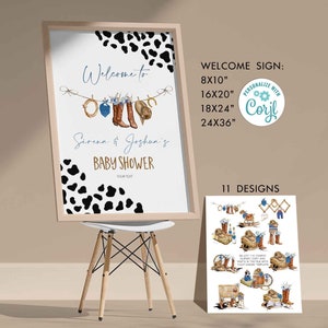 Placa de boas-vindas para chá de bebê de cowboy Placa de festa de rodeio, modelo de download Western digital azul e branco Corjl