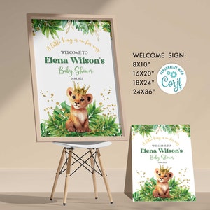 Lion baby shower Welcome sign Safari party decoration, baby shower poster, signage, party supplies Digital Download Corjl Editable