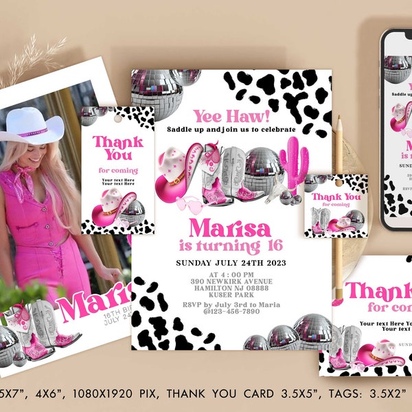 Editable Space Cowgirl birthday invitation Pink Disco Rodeo party invites, thank you cards, Western evite digital download template Corjl