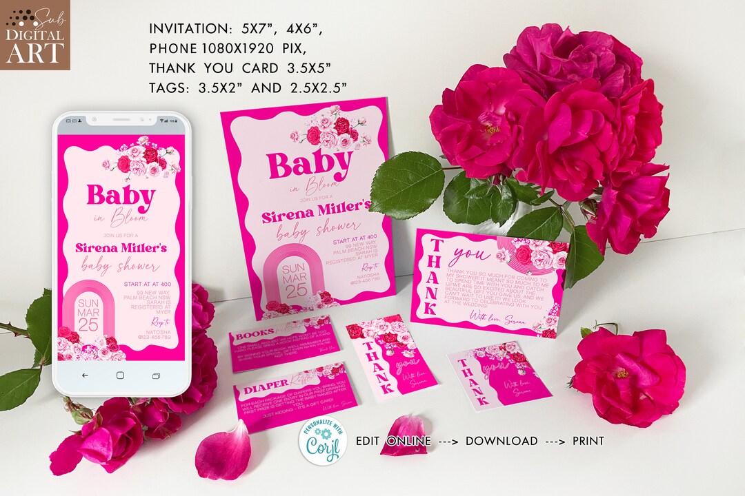 Hot Pink Baby Shower Invitation Printable Boho Wavy Oh Baby Invite, Pink Floral Baby Shower ...
